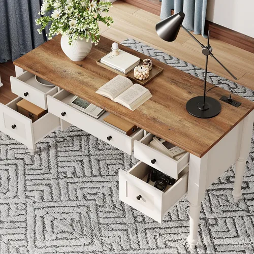Vista 5 de Escritorio ejecutivo de estilo granja WAMPAT con 5 cajones, escritorio de oficina en casa con estación de carga, escritorio de madera para Blanco
