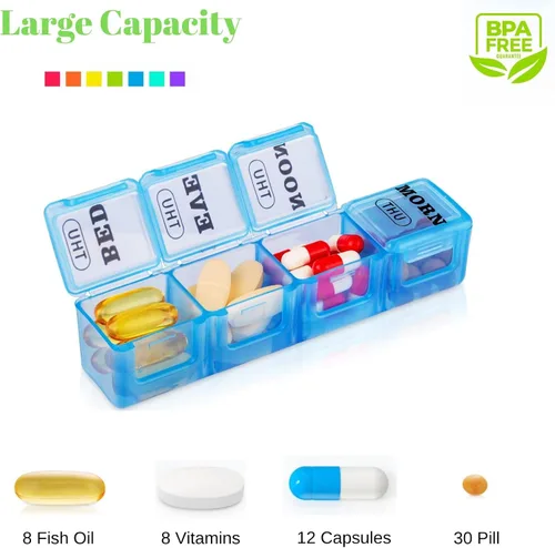 Vista 4 de Organizador de pastillas 4 veces al día, pastillero semanal de primera calidad, caja organizadora de medicamentos, caja organizadora de medicamentos