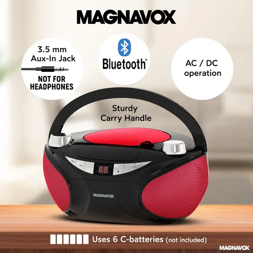 Vista 4 de Magnavox MD6949 Boombox de CD portátil de carga superior con radio estéreo AM/FM y tecnología inalámbrica Bluetooth en negro Compatible