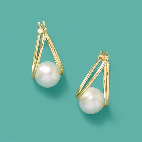 Vista 8 de Ross-Simons 8-9mm Cultured Pearl Double-Hoop Earrings in 14kt Yellow Gold. 34
