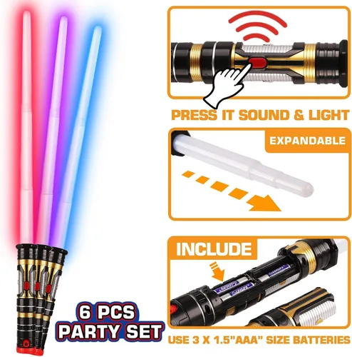 Vista 2 de Paquete de 6 sables de espada iluminados con sonidos FX (sensible al movimiento) y mango retráctil, 2 en 1, doble sable de 3 colores, espada