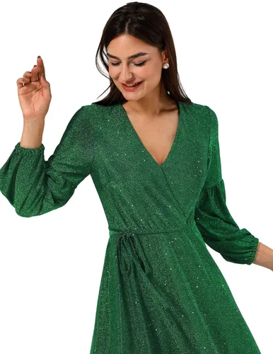 Vista 6 de Dressystar Vestido de lentejuelas con purpurina para mujer, sexy, cuello en V, manga larga, vestido de cóctel y fiesta con cinturón