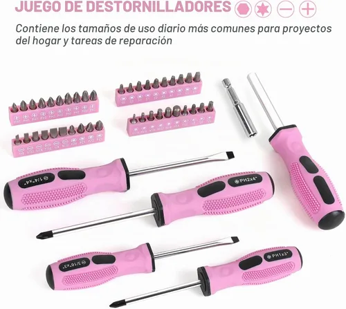Vista 9 de FASTPRO Juego de herramientas rosa de 225 piezas, juego de herramientas manuales de mecánica SAE y métricas con caja de herramientas, kit