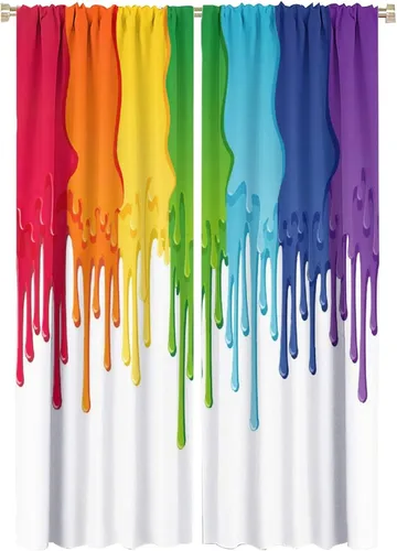 Vista 53 de Cortinas opacas abstractas de arco iris, pintura de color arcoíris con gotas, diseño gráfico creativo con bolsillo para barra, para sala de estar