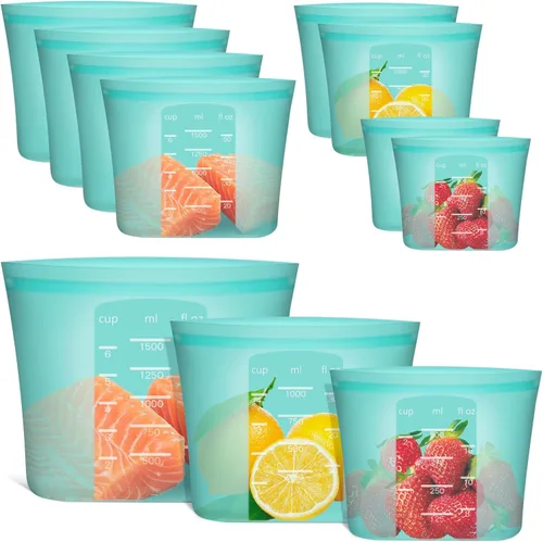 Vista 24 de Bolsas de Alimentos Reutilizables, Paquete de 12 Bolsas de Almacenamiento de Alimentos 100% Silicona que se Mantienen de Pie con Cierre Hermético