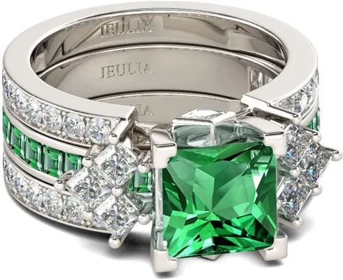 Vista 4 de Jeulia Juego de anillos de novia de 4.1 quilates para mujer, anillos de compromiso de corte princesa, anillos de compromiso de plata de ley, anillos