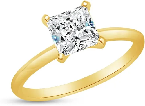 Vista 4 de Anillo de compromiso solitario de cuatro puntas de oro amarillo sólido de 14 k con borde de cuchillo y circonita cúbica de 1.0 quilates.