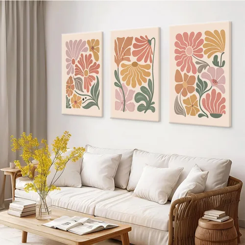 Vista 5 de TBKHUDBI Lienzo de flores bohemias para pared, impresiones florales abstractas, juego de 3 pósteres minimalistas de pintura botánica, mercado