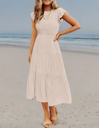 Vista 9 de ZESICA - Vestido por debajo de la rodilla para mujer, diseño informal y escalonado de manga corta, con cuello redondo y cintura elástica fruncida