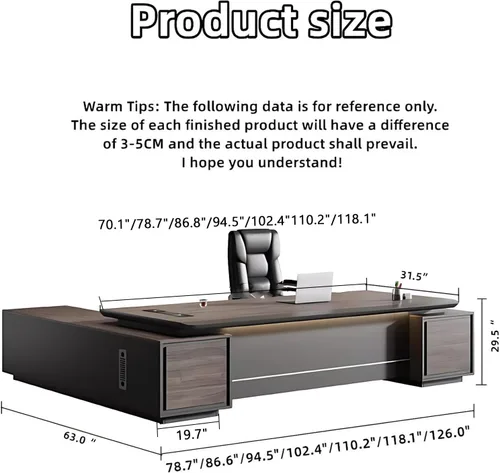 Vista 2 de Moderno escritorio ejecutivo de oficina en forma de L con cajones de bloqueo, escritorio para computadora de madera marrón de 118 pulgadas