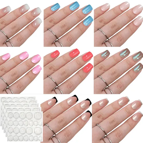 Vista 12 de Paquete de 6 uñas postizas a presión con forma de almendra media, uñas postizas acrílicas de cobertura completa con diseños de cromo rosa francés