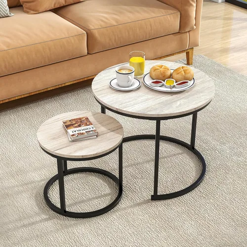 Vista 10 de HOJINLINERO Juego de mesa de café redonda industrial conjunto de 2 mesas auxiliares para sala de estar, mesas laterales apilables, resistentes