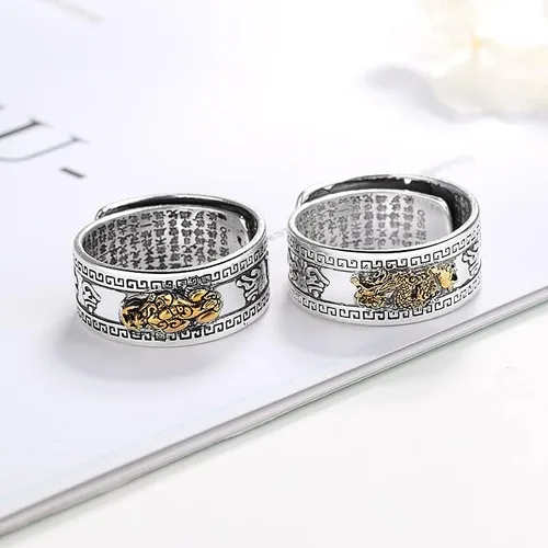 Vista 4 de Anillo vintage de plata Feng Shui Pixiu para mujeres y hombres, grabado textos budistas, alivio máximo, sapo dragón, Pixiu, camafeo, riqueza, buena