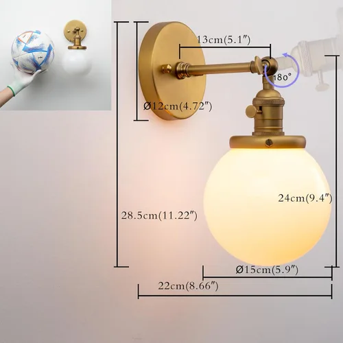 Vista 2 de PERMO Aplique de pared vintage con globo redondo de 5.9 pulgadas, pantalla soplada a mano de vidrio blanco leche, apliques de pared cableados