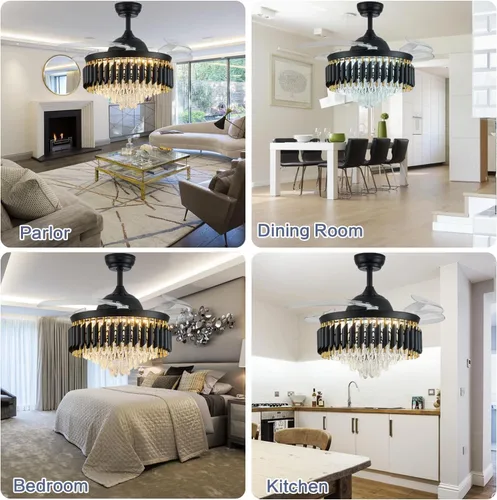 Vista 6 de Ventilador de techo regulable de cristal de 36 pulgadas con luces y control remoto, moderno ventilador de techo retráctil con luces para dormitorio
