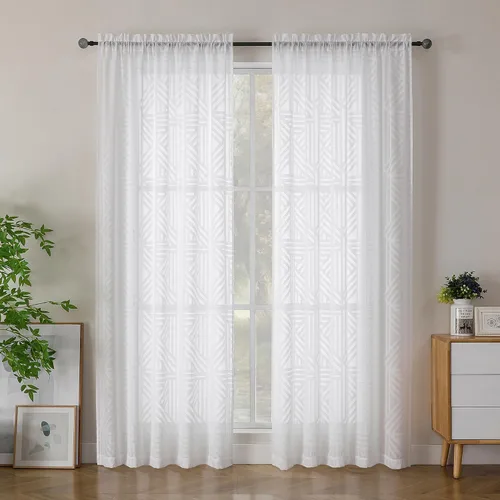 Vista 22 de Simplebrand Cortinas traslúcidas negras de cocina de 24 pulgadas de largo, 2 paneles, filtrado de luz, geométrico jacquard con textura, cortinas