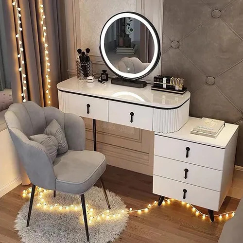 Vista 15 de Juego de tocador grande con luces LED, mesa de tocador de maquillaje con gabinete ajustable y taburete acolchado, 3 modos de iluminación, tocador