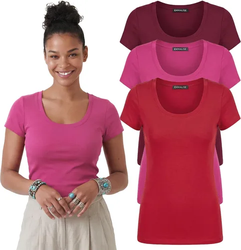 Vista 16 de Emmalise - Camiseta de manga corta para mujer, cuello redondo, estilo básico, pack de valor, tallas junior y grandes