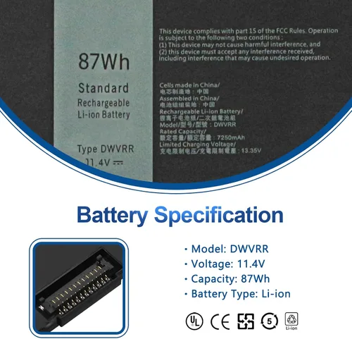 Vista 2 de DWVRR 87Wh - Batería de repuesto para laptop Dell Alienware x15 R1 R2 X17 R1 R2 Inspiron 16 7620 2 en 1, Alienware X15 R1 NAWX15R101 X17 RTX 3080