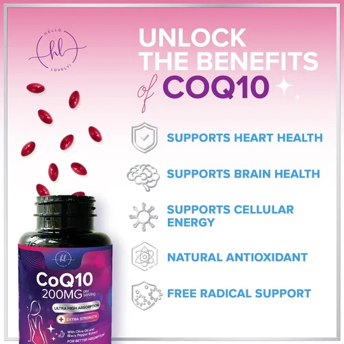 Vista 5 de Coenzima Q10 200 mg por porción Suplemento – Ultra alta absorción, antioxidante para la salud del corazón y apoyo a la producción de energía – CoQ10