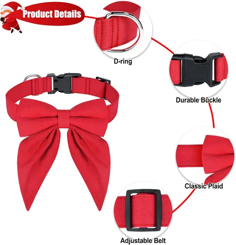 Vista 3 de Collar de perro de Navidad Malier con moño, collares de Navidad rojos clásicos para niñas y niños, collares de cachorro ajustables y lindos