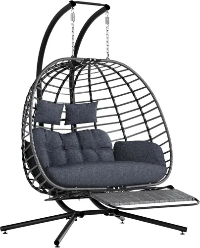 Vista 10 de SWITTE Silla doble colgante con forma de huevo con soporte, columpio de mimbre para exterior, 2 plazas, con cojín, para patio, dormitorio