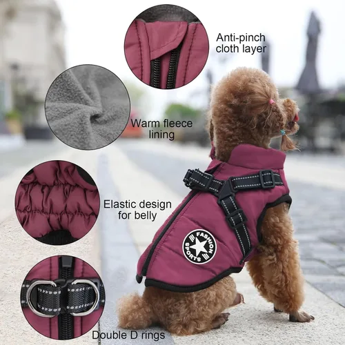 Vista 3 de Abrigo para perros – Chaqueta cálida impermeable a prueba de viento para mascotas con arnés integrado – Chaleco de forro polar para perros pequeños