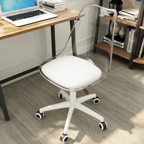 Vista 10 de Silla de escritorio transparente, Silla de oficina en casa de plástico, Silla giratoria de plástico para oficina, hogar, maquillaje, espacio