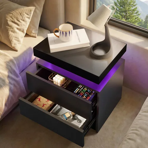 Vista 4 de Generic Juego de 2 Mesitas de noche con 2 cajones, mesa de noche con cajones para muebles de dormitorio, mesa auxiliar con luz LED, color negro