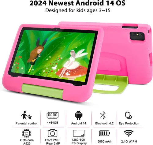 Vista 2 de Tableta para niños de 10 pulgadas, dispositivo Android 14 para niños pequeños, Octa-Core, 64GB, 5000mAh, WiFi 6 2.4/5GHz, pantalla IPS HD Rosa