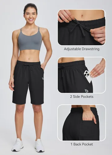Vista 5 de baleaf Bermudas de algodón para mujer, pantalones cortos largos de 10 pulgadas de largo hasta la rodilla, holgadas, con cordón en la cintura