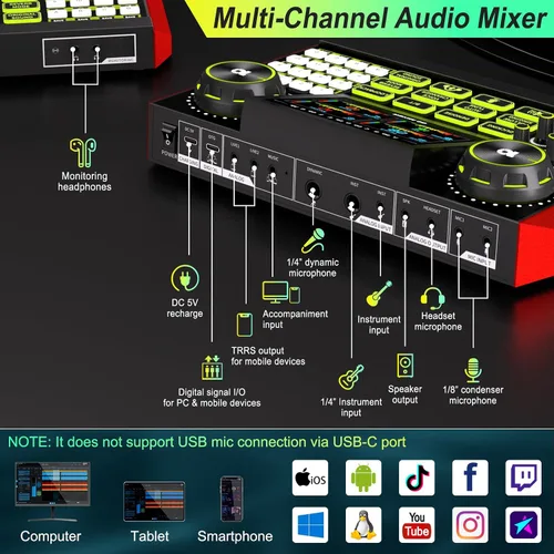 Vista 7 de TENLAMP - Mezclador de audio G9 con micrófono para streaming y karaoke