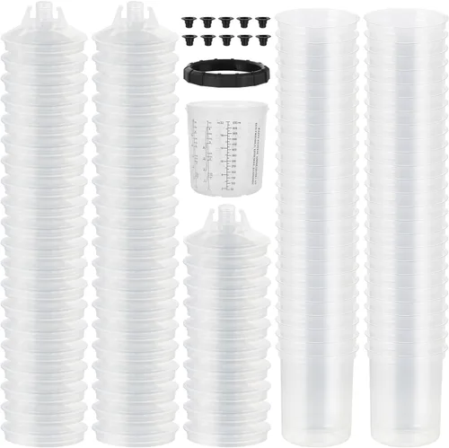 Vista 7 de Tazas desechables para pistola de pintura (200ML/6.7OZ), kit de tazas de pintura con 50 revestimientos de taza, 50 tapas, 20 tapones de sellado, 1