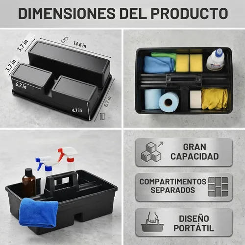 Vista 2 de Cesta de limpieza de plástico con 3 compartimentos – Cubo organizador de herramientas de plástico apilable de calidad comercial grande con asa