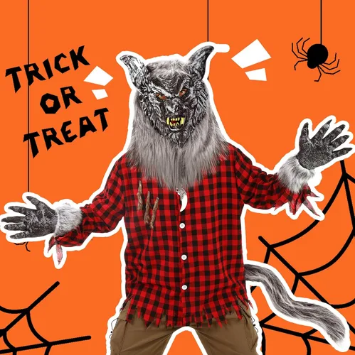 Vista 5 de Juego de 6 piezas de disfraz de hombre lobo de Halloween, máscara de cabeza, cola de lobo de piel sintética gris, collar, guantes para adultos