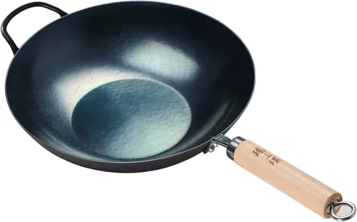Vista 9 de ZhenSanHuan Wok de Hierro Martillado a Mano con Fondo Plano Apto para Inducción (32CM, Mango de Hierro)