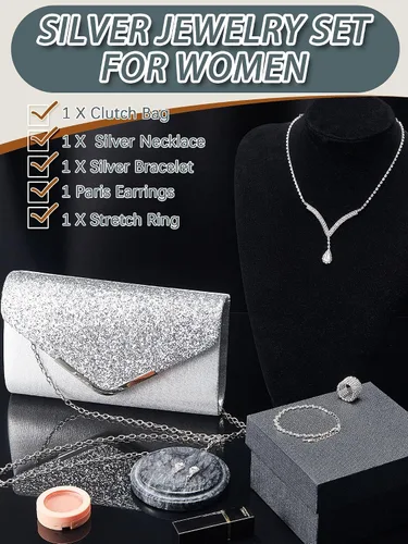 Vista 4 de Henoyso Juego de 5 piezas de joyería de diamantes de imitación con diamantes de imitación, bolso de mano para novia, graduación, collar, aretes