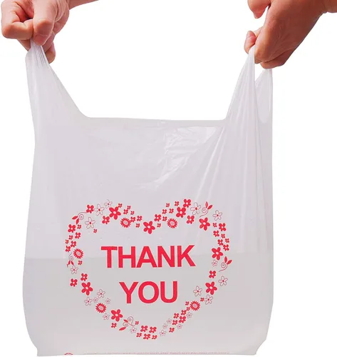 Vista 5 de LazyMe Thank You - Bolsas para camisetas de plástico blancas con asas resistentes, tamaño estándar de supermercado, 12 x 20 pulgadas (100 unidades)