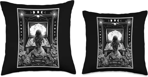 Vista 3 de The Pinball Girl Retro Arcade Game 80s Tarot Card Skeleton Throw Pillow