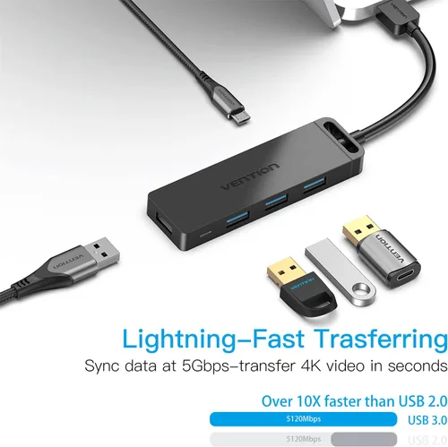 Vista 3 de VENTION Hub USB 3.0, 4 puertos USB Hub USB ultrafino de datos USB Hub de 0.5 pies de cable extendido [carga compatible], compatible con MacBook