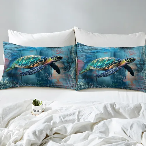 Vista 4 de Sábana bajera ajustable de tamaño individual para niños, diseño de animales marinos náuticos, juego de ropa de cama coral bajo el mar, juego de ropa
