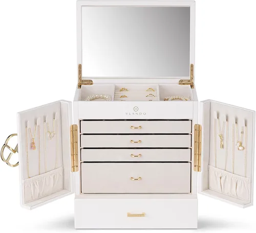 Vista 6 de Vlando Organizador grande de joyería de piel sintética con 5 dibujos, aretes, collares, anillos, cajas de reloj para mujeres y niñas (blanco)