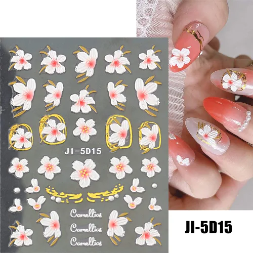 Vista 2 de Calcomanías de arte de uñas con hojas de flores en relieve 3D, 4 hojas 5D, pegatinas autoadhesivas para uñas, suministros de uñas de verano