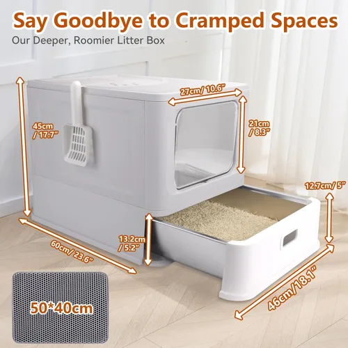 Vista 2 de Cajas de arena para gatos de acero inoxidable cerradas, caja de arena plegable grande con tapa, caja de arena cubierta de acero inoxidable