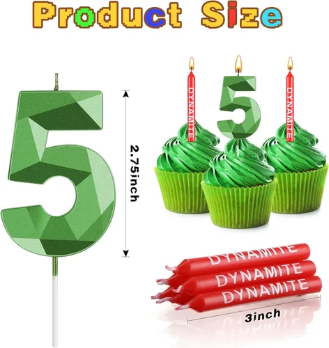 Vista 2 de Fumete 13 velas de dinamita, velas de cumpleaños de píxeles verdes, decoración de cumpleaños temática de juego para temática de píxeles