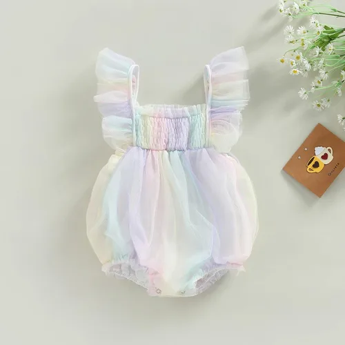 Vista 2 de Sasaerucure Traje de verano para bebé niña, sin mangas, mameluco de encaje tutú, mameluco de una pieza con volantes
