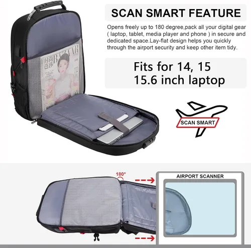 Vista 6 de Mochila grande de viaje y para laptop, es impermeable, antirrobo, con cerradura y puerto de carga USB, para negocios, hombres, mujeres, escuela