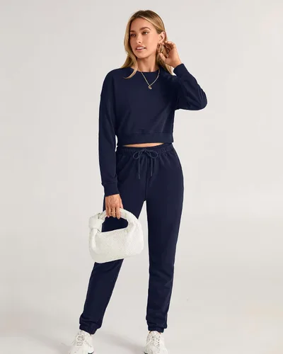 Vista 11 de BTFBM Conjunto deportivo de 2 piezas para mujer, camiseta corta de manga larga, sin botones, pantalón con cordón ajustable, pantalones deportivos