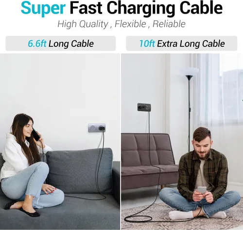 Vista 7 de Cargador USB-C de 30 W de carga súper rápida, adaptador de bloque tipo C, cable de enchufe de pared [6.6 pies + 10 pies] para iPhone 17, 17 Air, 17