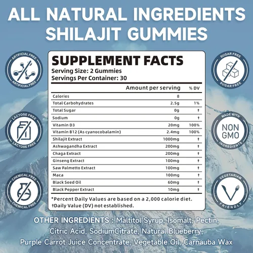 Vista 2 de Shilajit - Gomitas de 1000 mg sin azúcar, suplemento puro de Shilajit del Himalaya para hombres y mujeres, alto en más de 85 oligoelementos y ácido